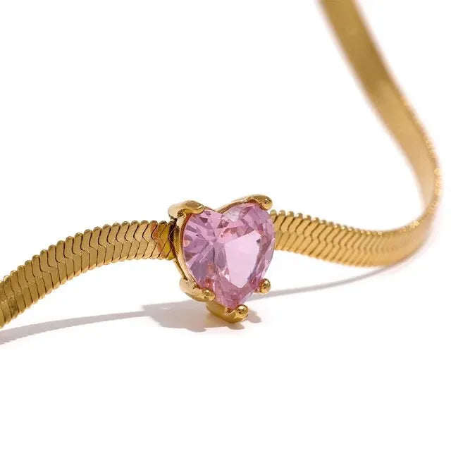Gold Plated Snake Chain Necklace with Pink Heart Pendant