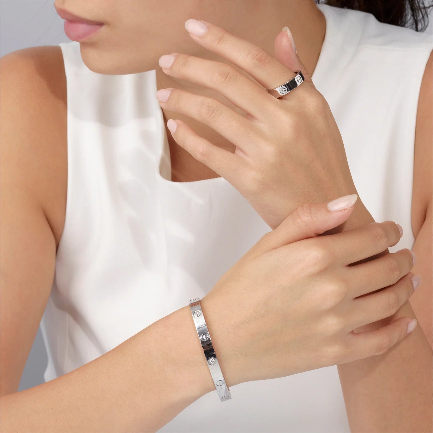 Silver Cartier Nail And Love Bangle With Silver Tennis Bracelet