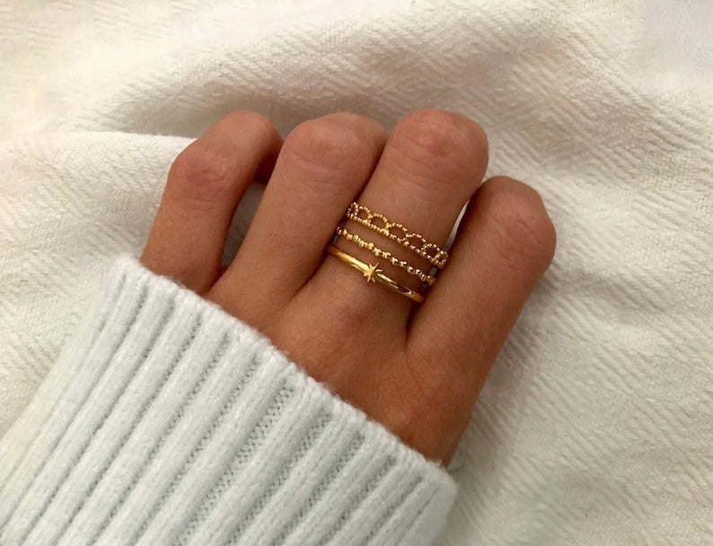 Dainty Gold Tone Open Ring - Triple Layer, Star Embellished, Adjustable