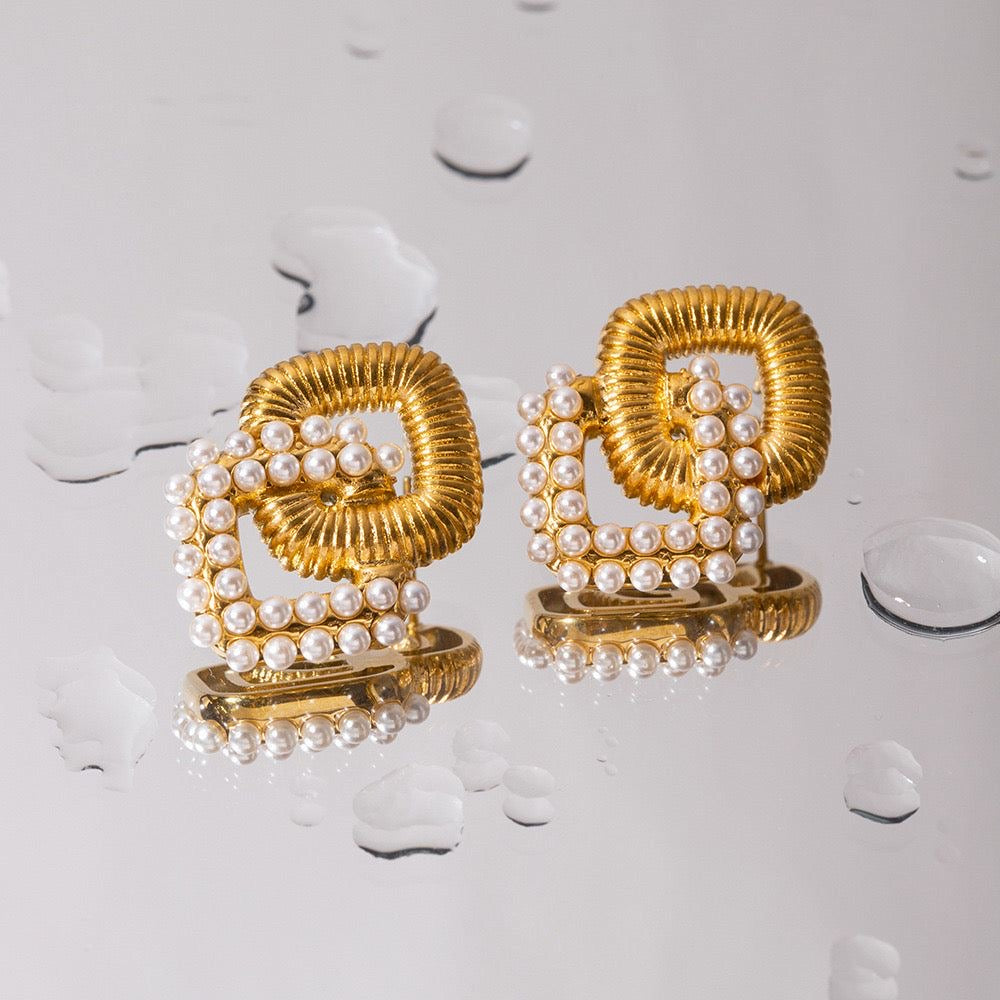 Premium 18K Gold Plated Pearl & Threaded Square Earrings
