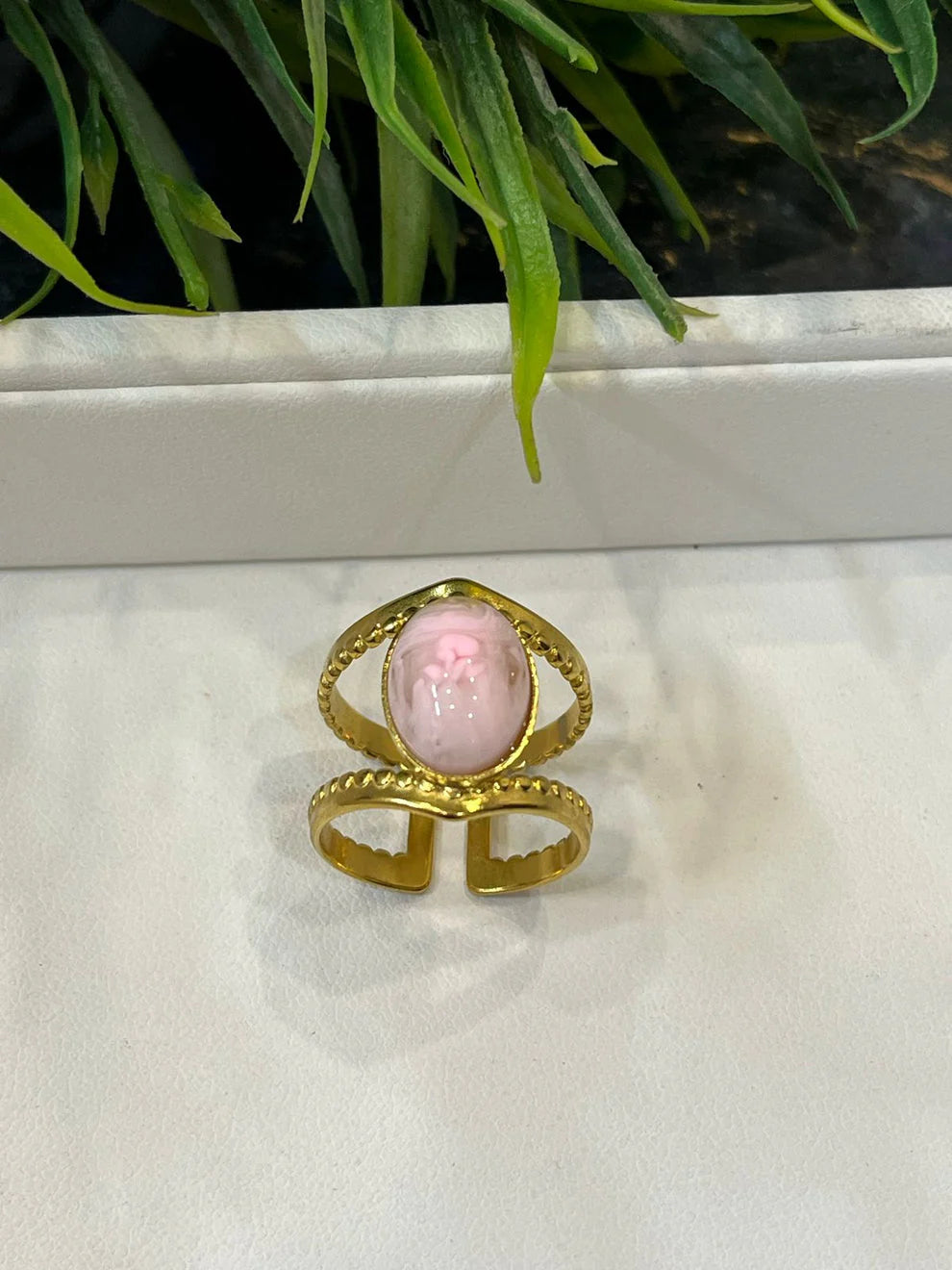 Gold Plated Adjustable Ring with Pink Stone - Dainty & Elegant