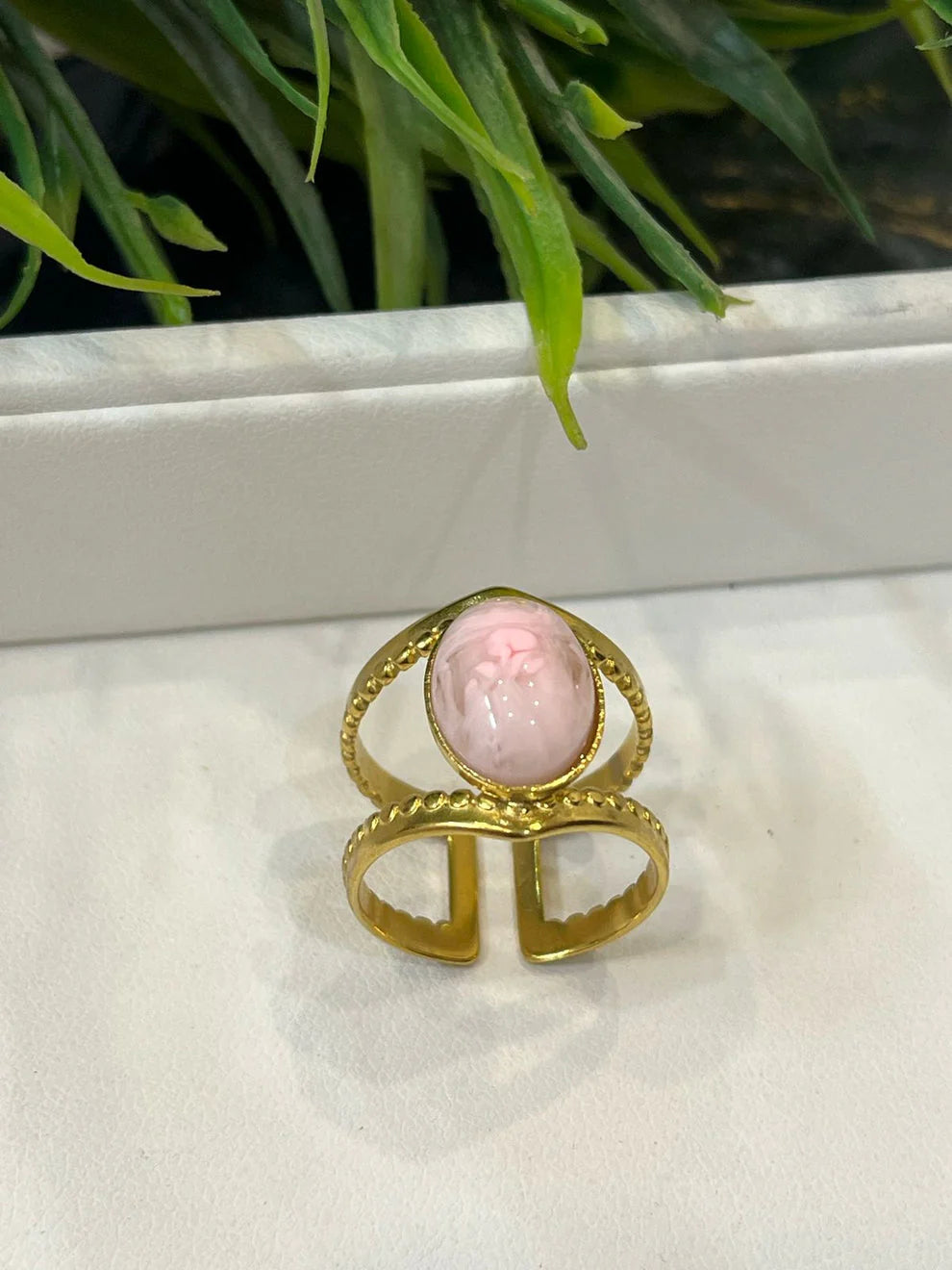 Gold Plated Adjustable Ring with Pink Stone - Dainty & Elegant
