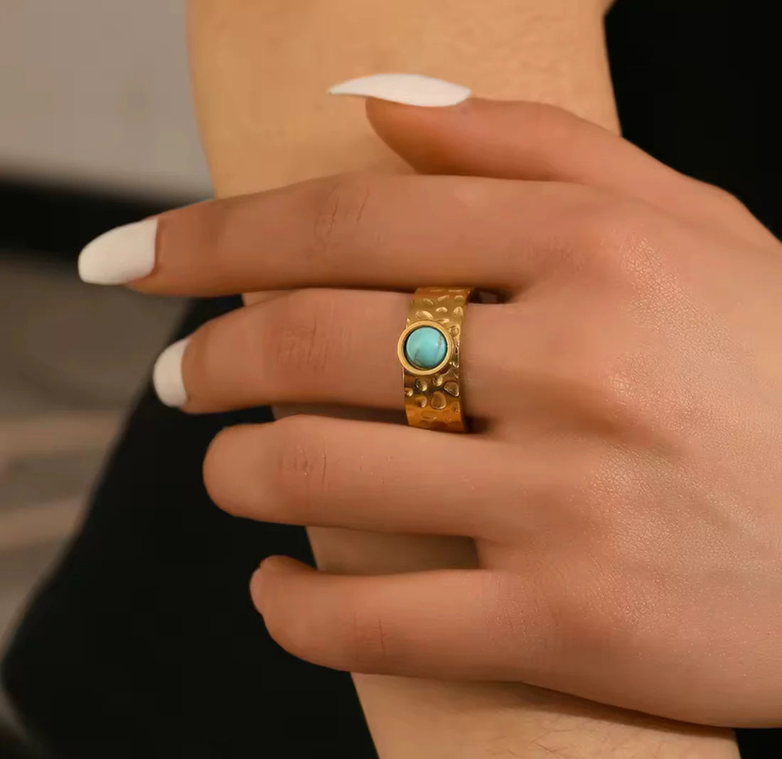 Gold Plated Hammered Ring with Turquoise Stone - Adjustable Open Band