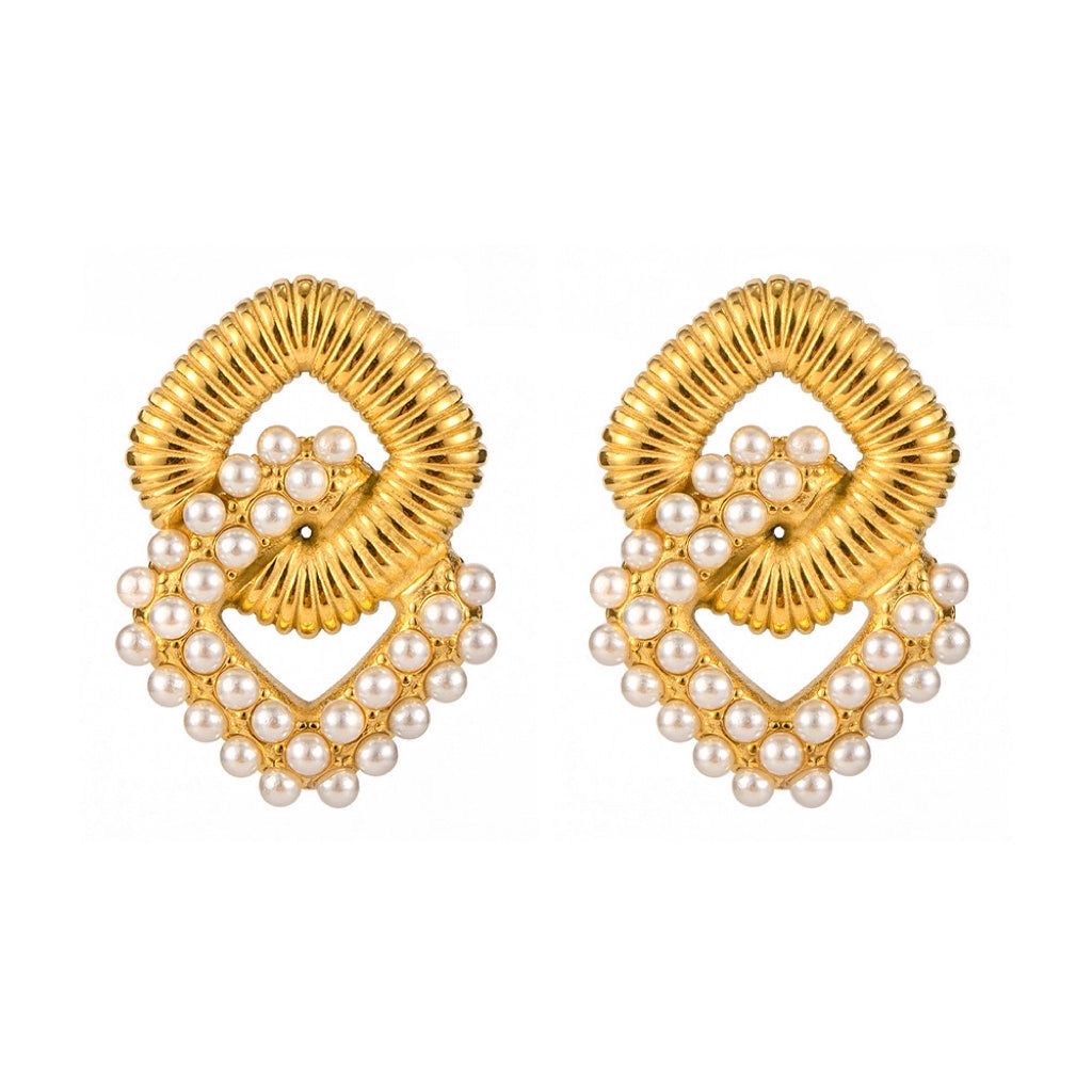 Premium 18K Gold Plated Pearl & Threaded Square Earrings