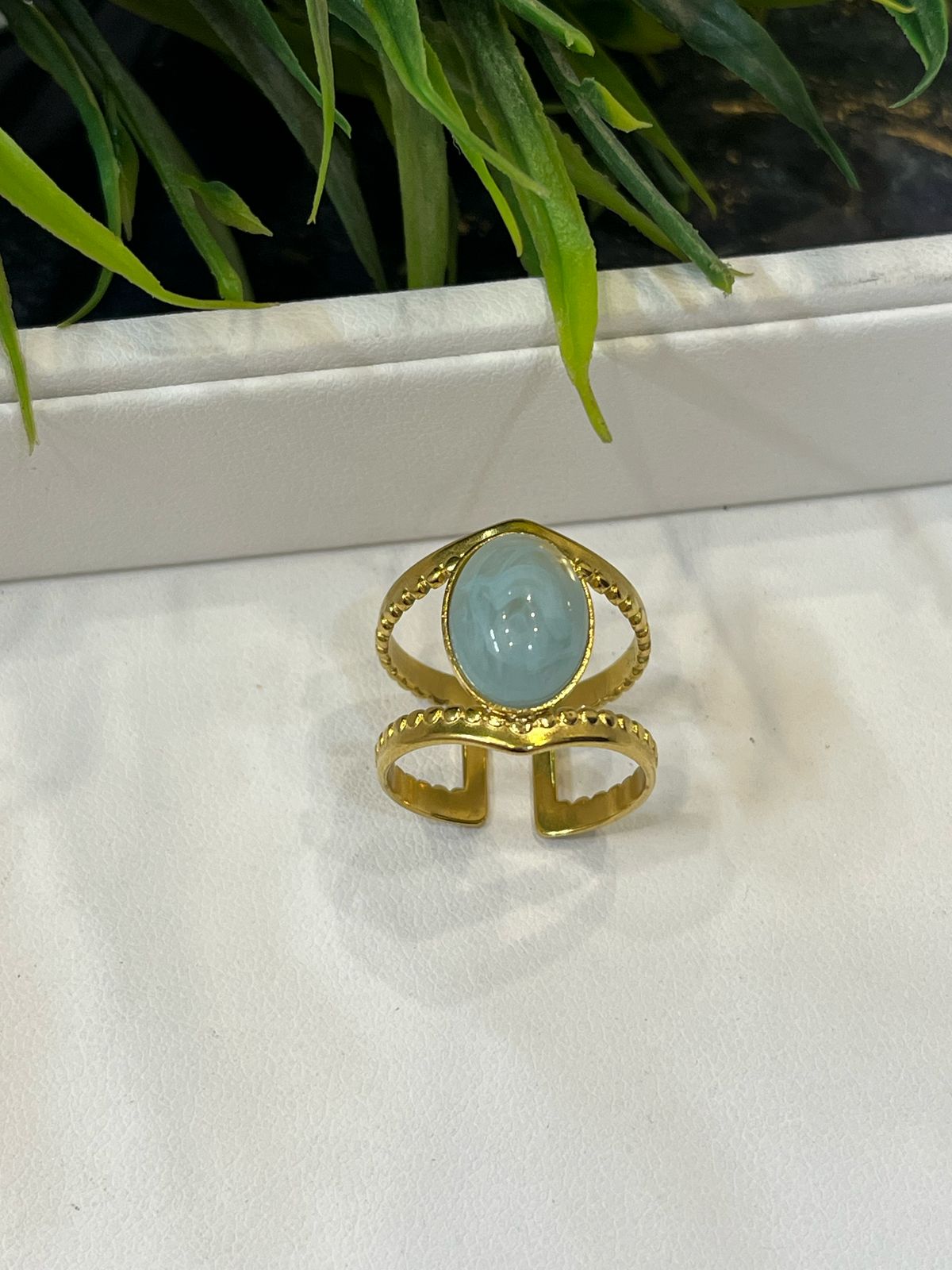 Gold Plated Adjustable Ring with Aqua Blue Stone - Dainty & Elegant