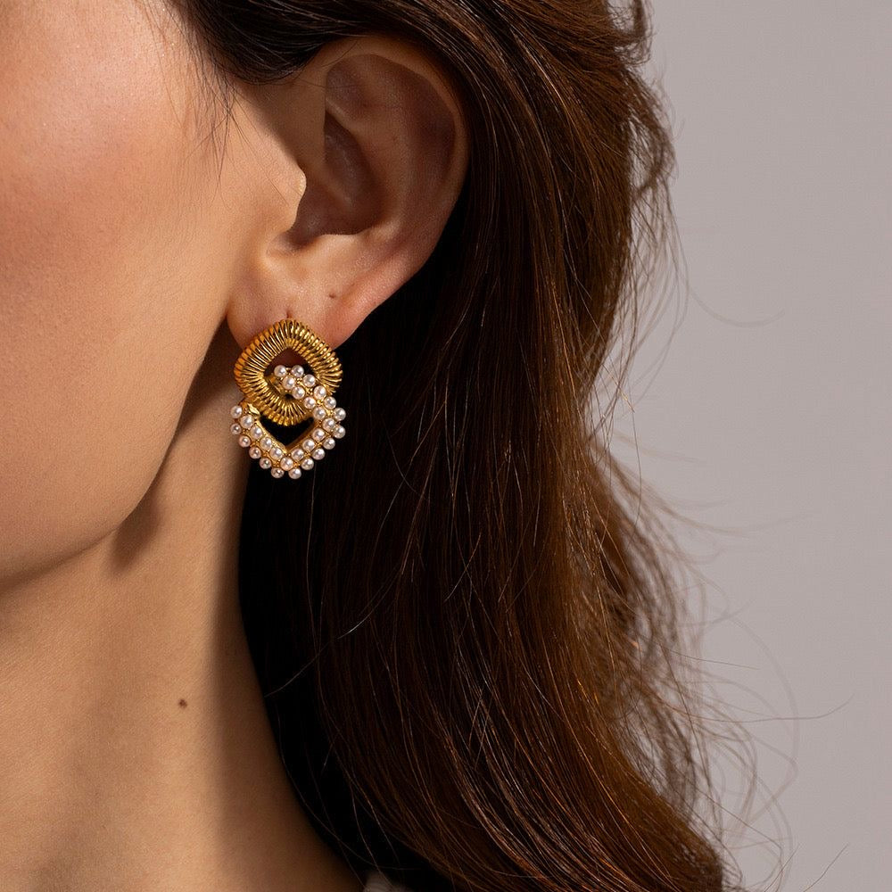 Premium 18K Gold Plated Pearl & Threaded Square Earrings