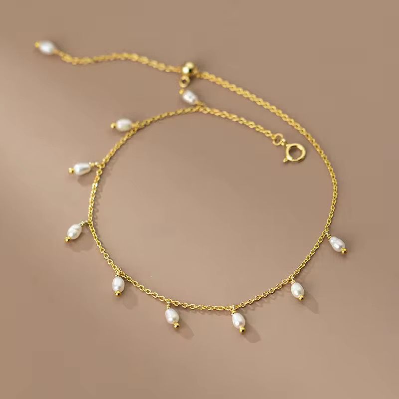 18K Gold Plated Chain Anklet with Hanging Pearls
