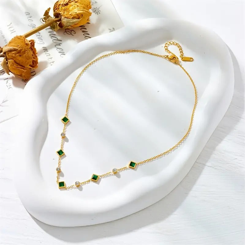 Green Square Glass Pendant Necklace