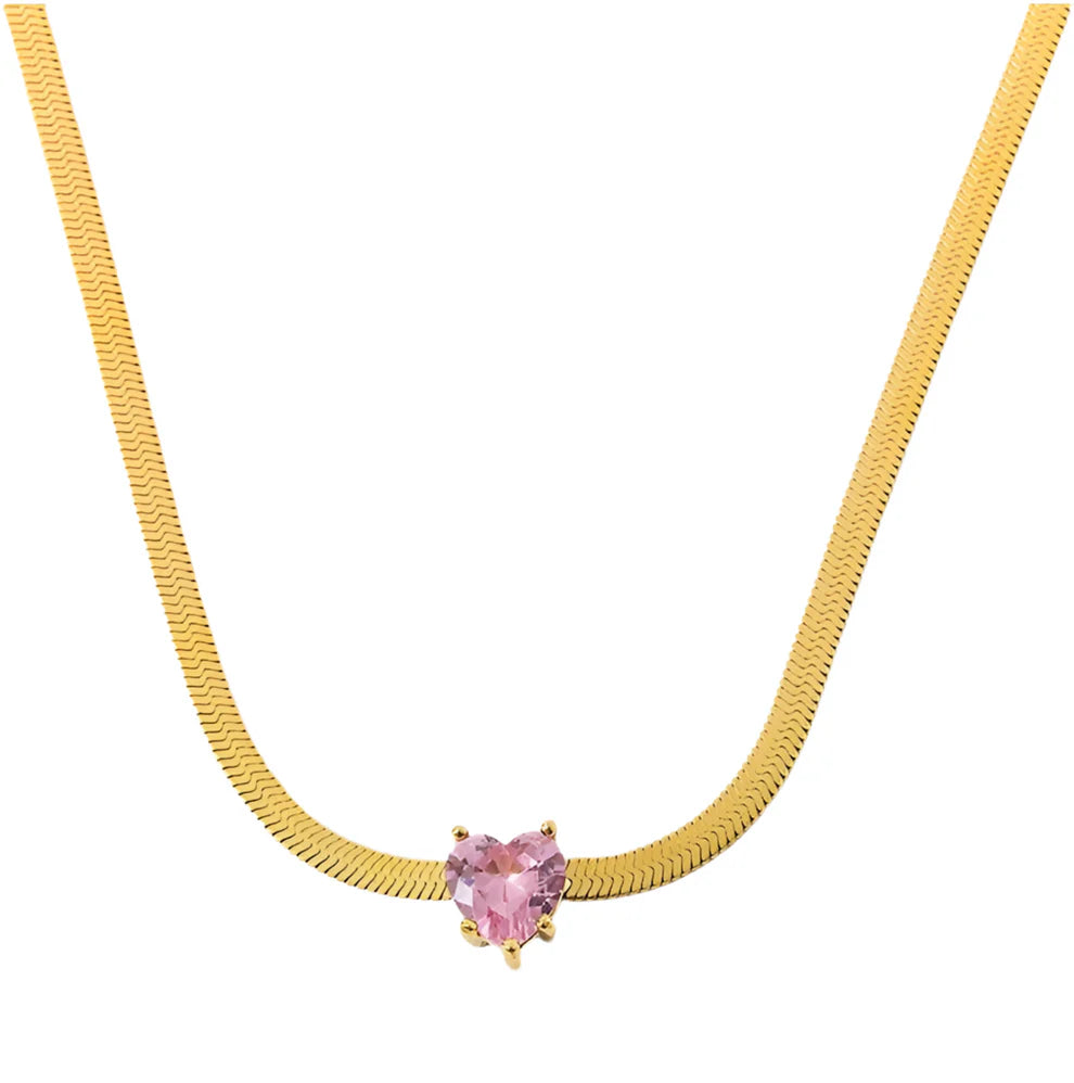 Gold Plated Snake Chain Necklace with Pink Heart Pendant