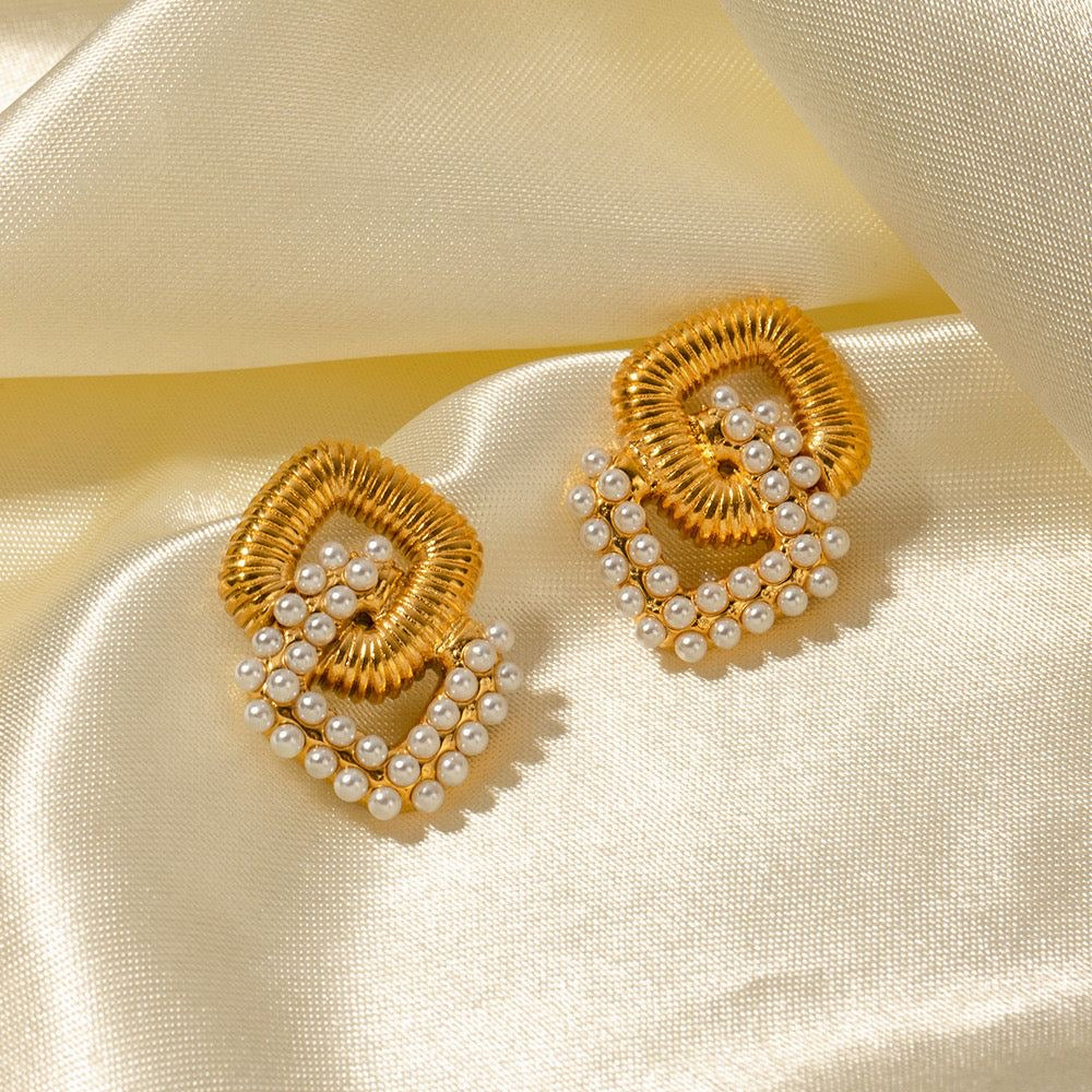 Premium 18K Gold Plated Pearl & Threaded Square Earrings
