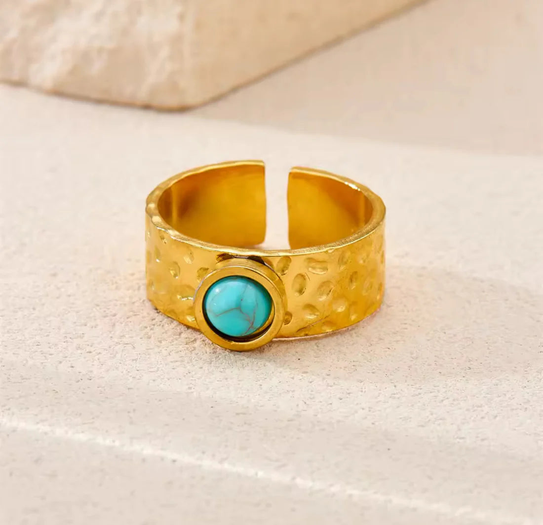 Gold Plated Hammered Ring with Turquoise Stone - Adjustable Open Band