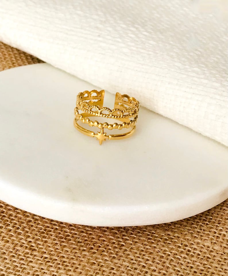 Dainty Gold Tone Open Ring - Triple Layer, Star Embellished, Adjustable