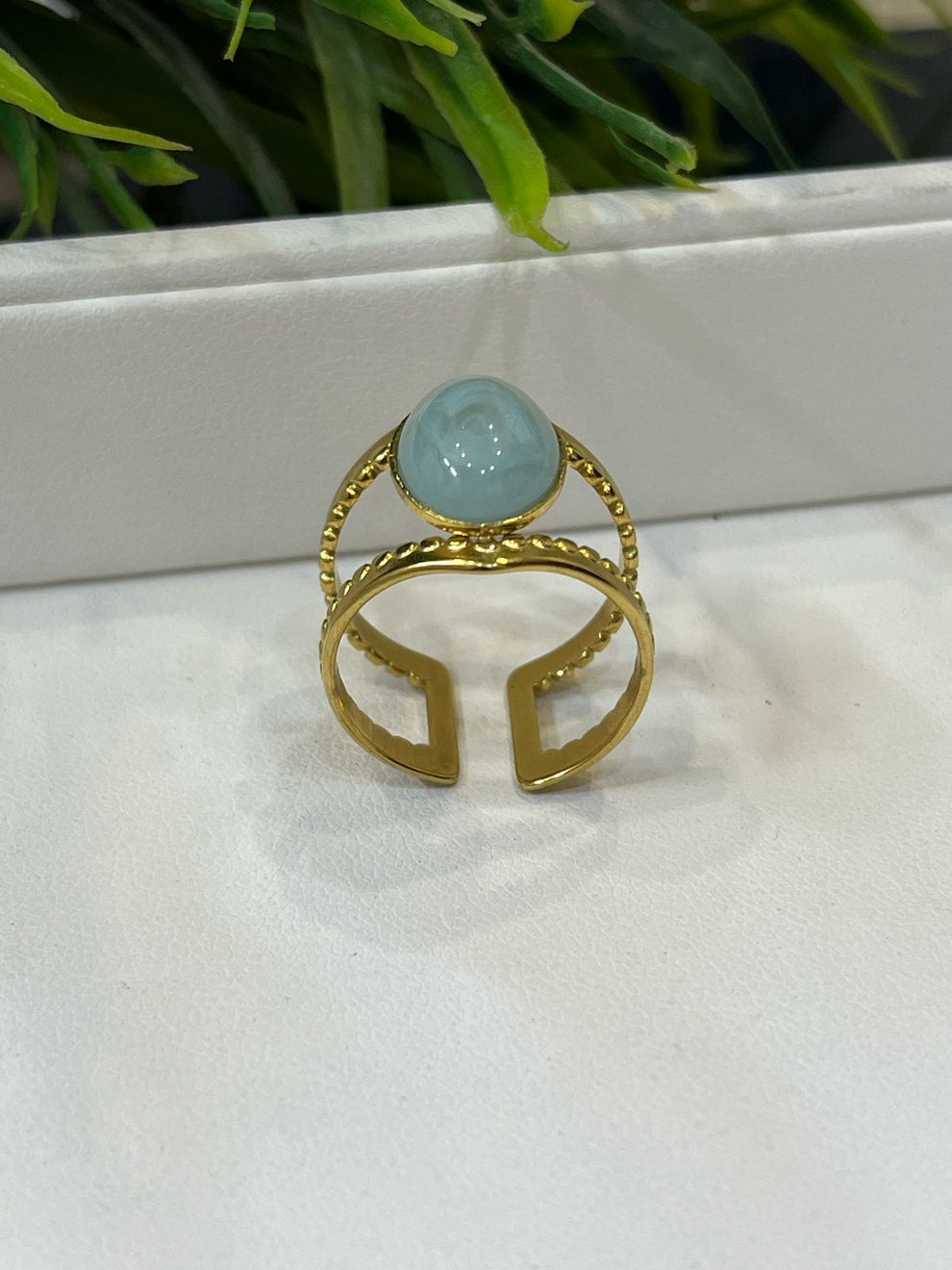 Gold Plated Adjustable Ring with Aqua Blue Stone - Dainty & Elegant