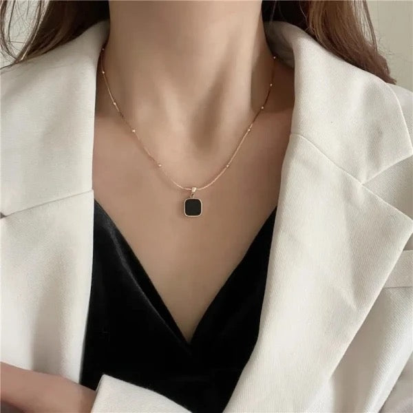 Gold Plated Beaded Chain Necklace with Black Square Pendant