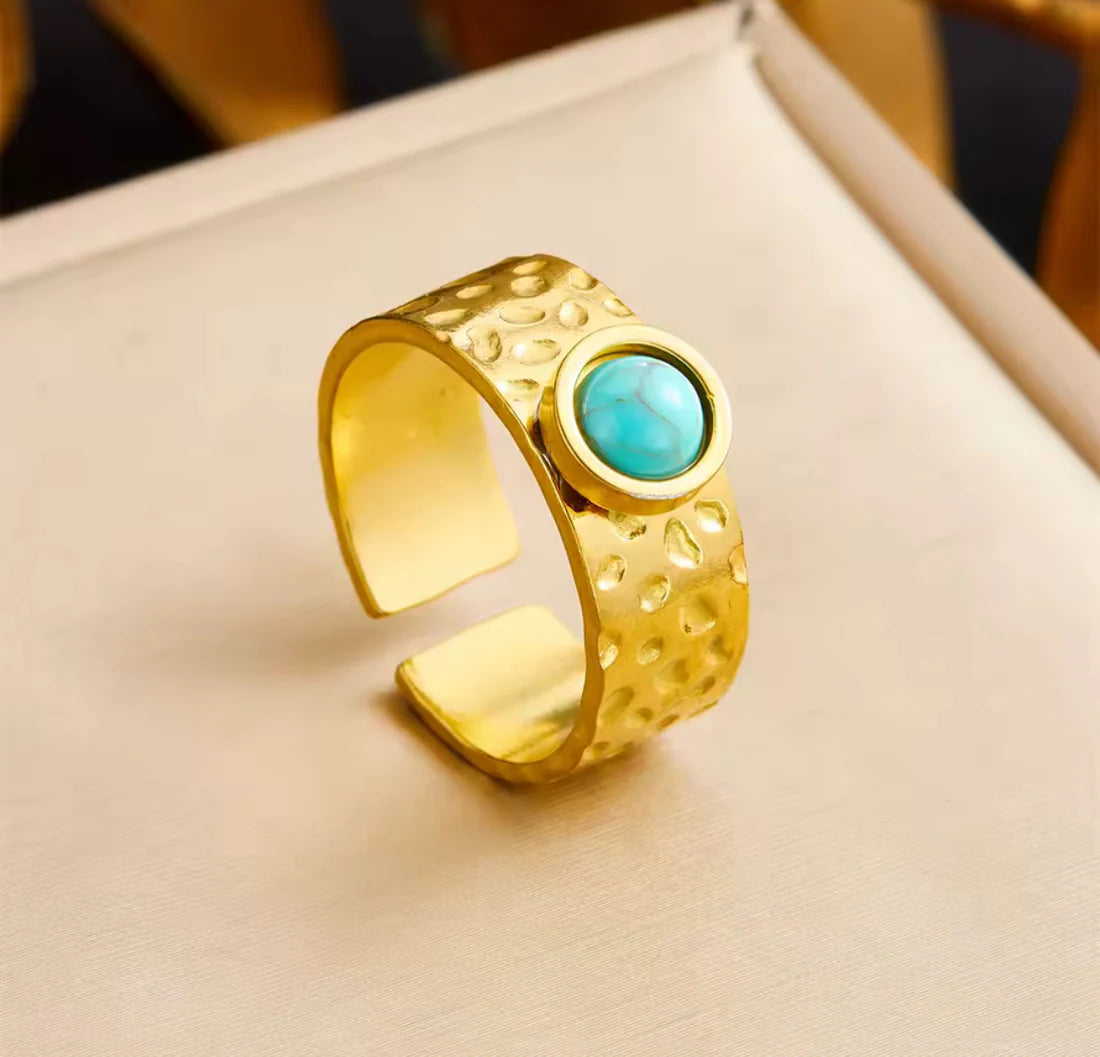 Gold Plated Hammered Ring with Turquoise Stone - Adjustable Open Band