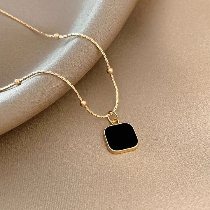 Gold Plated Beaded Chain Necklace with Black Square Pendant