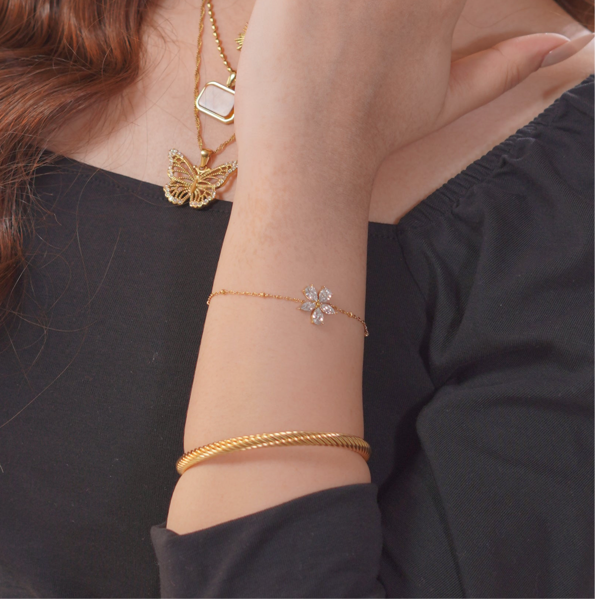 Gold Plated American Diamond Flower Bracelet | Stylish Beaded Chain Bracelet