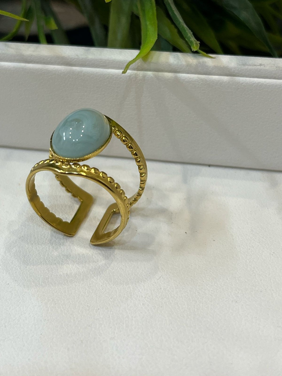 Gold Plated Adjustable Ring with Aqua Blue Stone - Dainty & Elegant