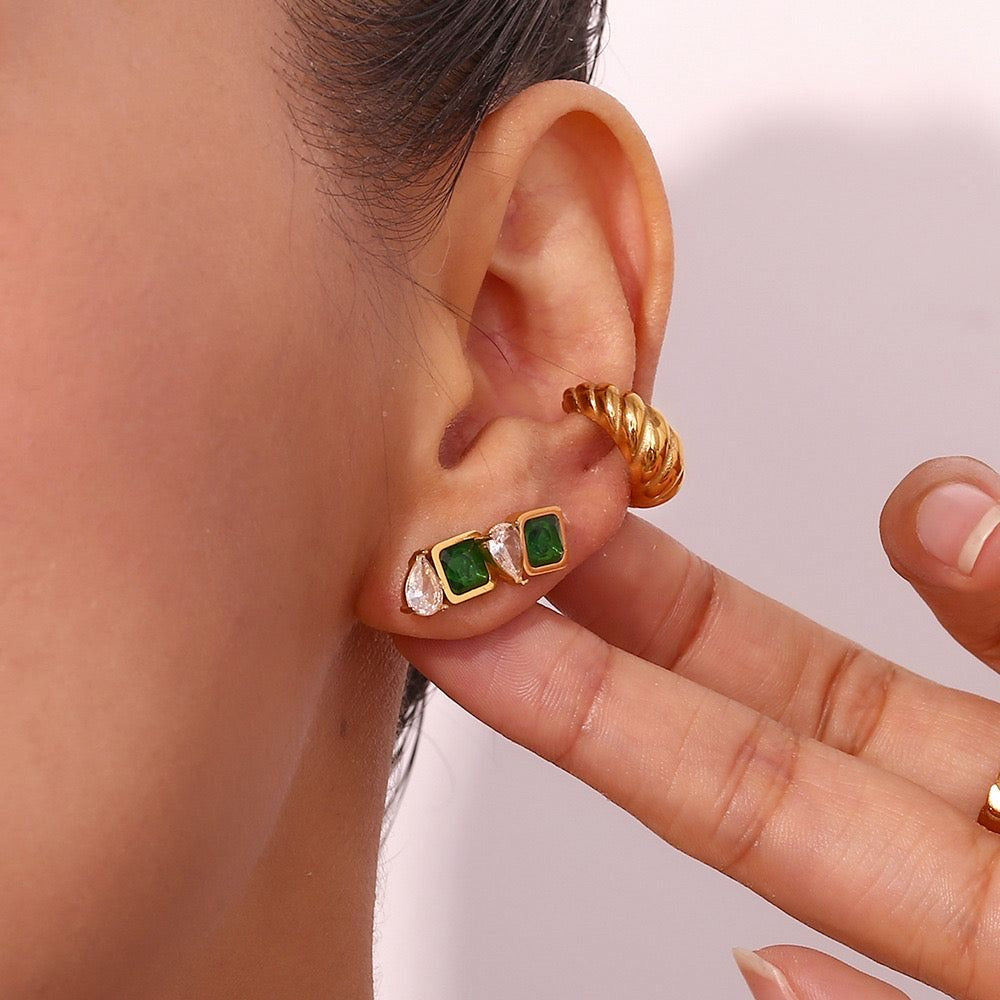Elegant Square Green Stone & Teardrop Diamond Look Studs