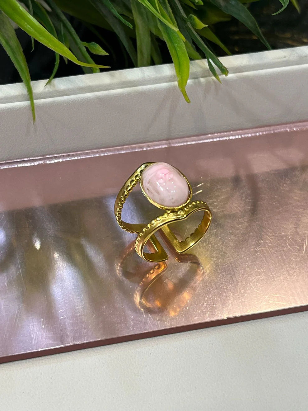 Gold Plated Adjustable Ring with Pink Stone - Dainty & Elegant