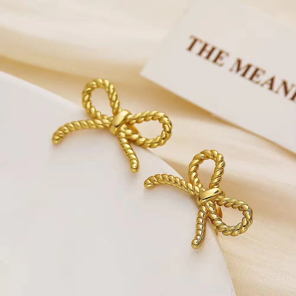 Gold Plated Rope Bow Knot Stud Earrings