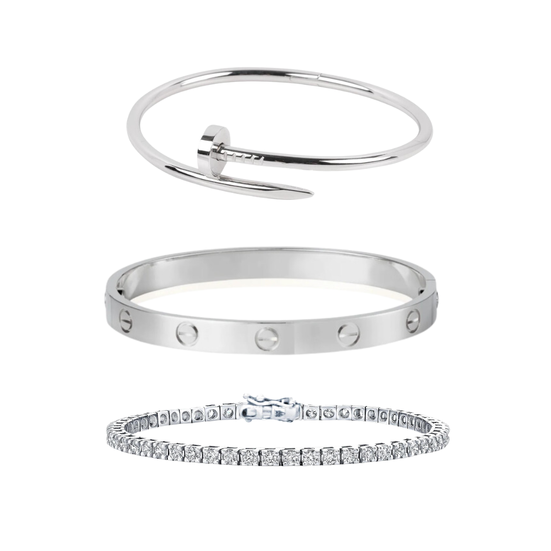 Silver Cartier Nail And Love Bangle With Silver Tennis Bracelet