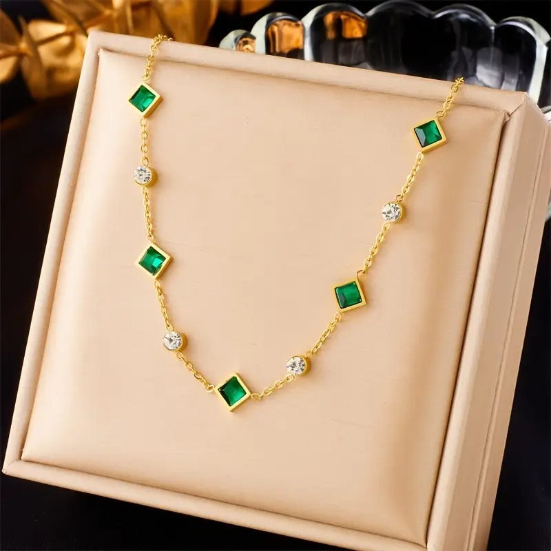 Green Square Glass Pendant Necklace
