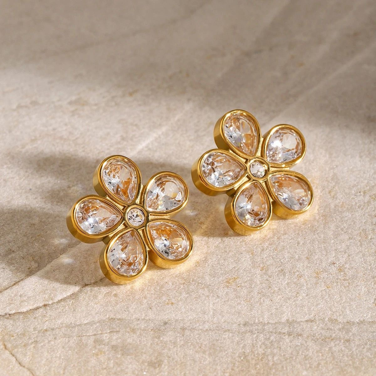Gold Plated Crystal Stone Flower Stud Earrings
