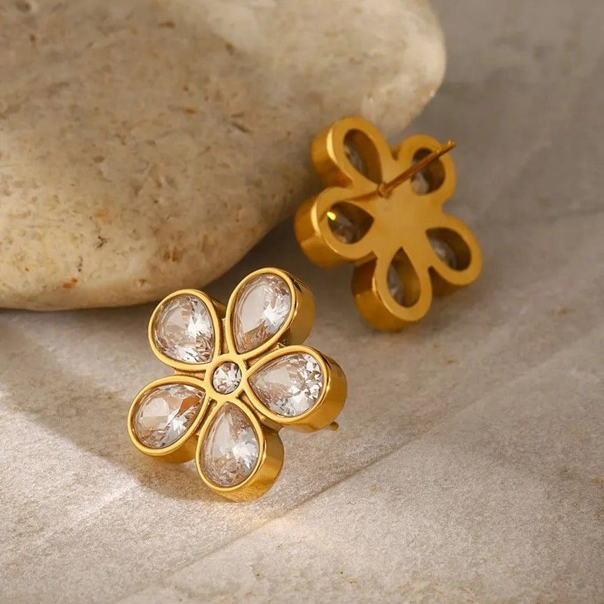 Gold Plated Crystal Stone Flower Stud Earrings