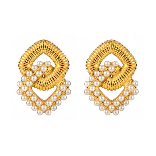 Premium 18K Gold Plated Pearl & Threaded Square Earrings