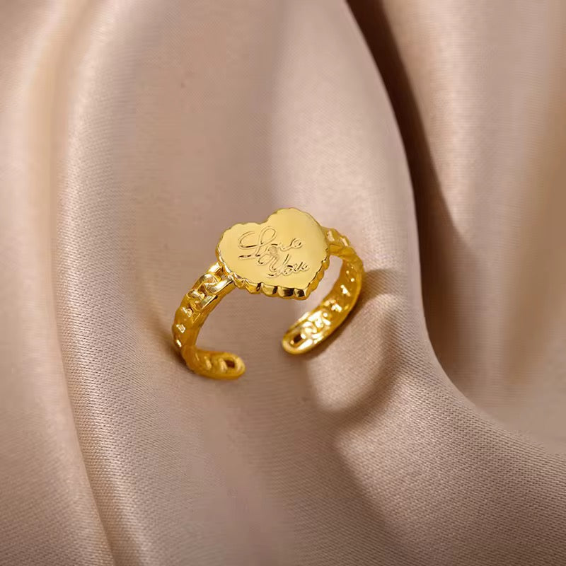 Gold Heart Ring with "Love You" Engraving - Adjustable