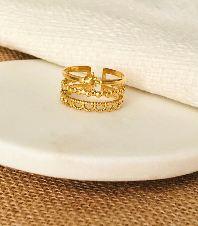 Dainty Gold Tone Open Ring - Triple Layer, Star Embellished, Adjustable