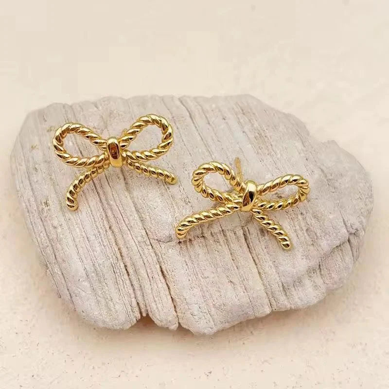 Gold Plated Rope Bow Knot Stud Earrings