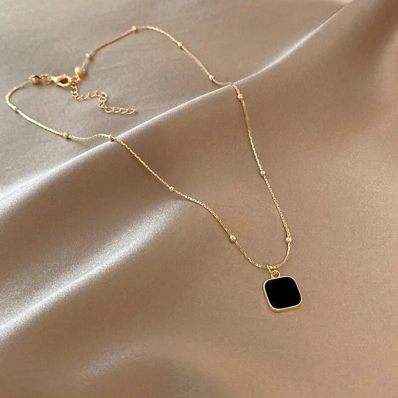 Gold Plated Beaded Chain Necklace with Black Square Pendant