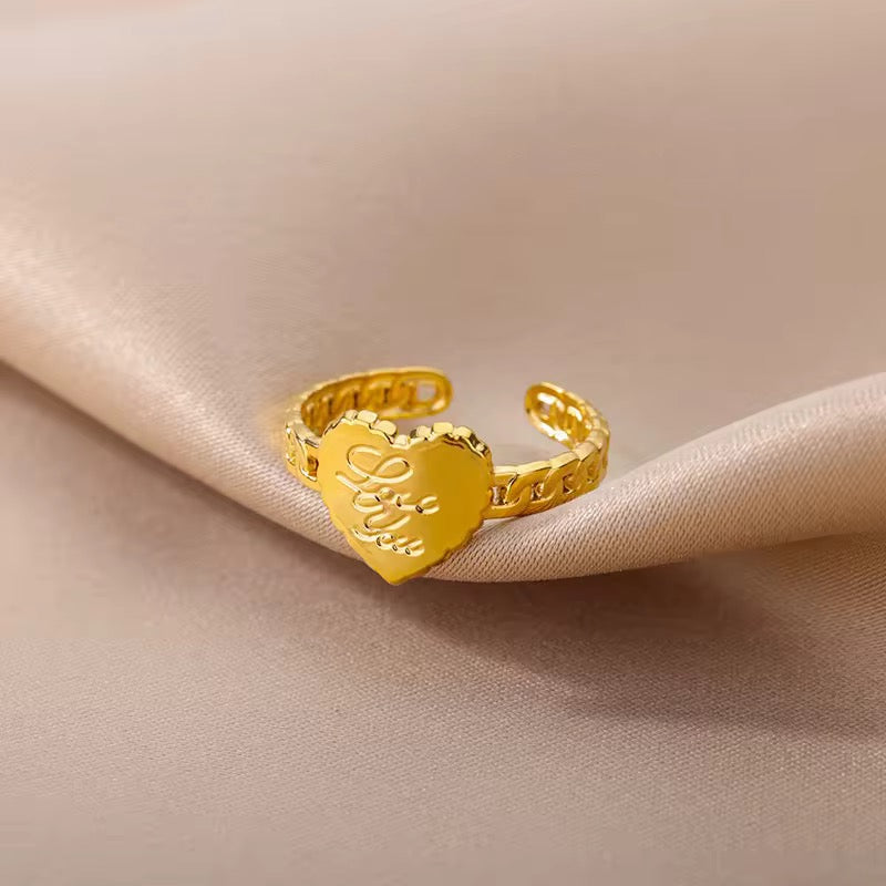 Gold Heart Ring with "Love You" Engraving - Adjustable