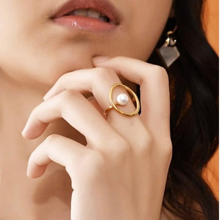 Hollow Pearl Adjustable Ring