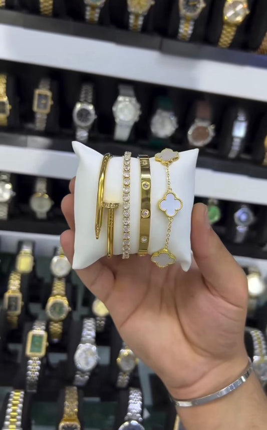 Cartier Nail And Love Bangle With Golden Tennis And White Clover Bracelet