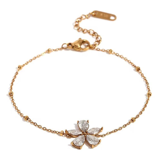 Gold Plated American Diamond Flower Bracelet | Stylish Beaded Chain Bracelet
