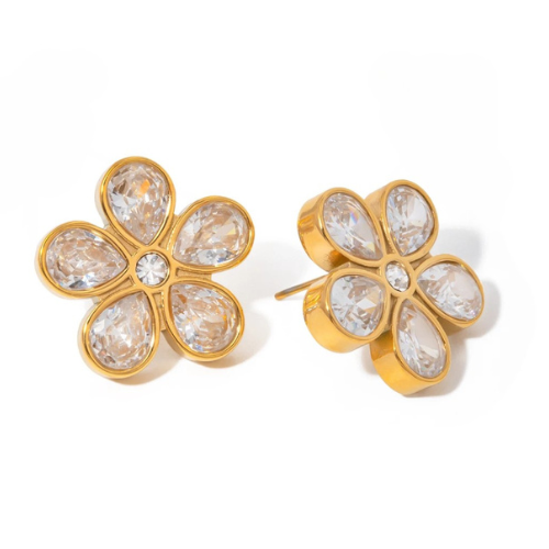 Gold Plated Crystal Stone Flower Stud Earrings