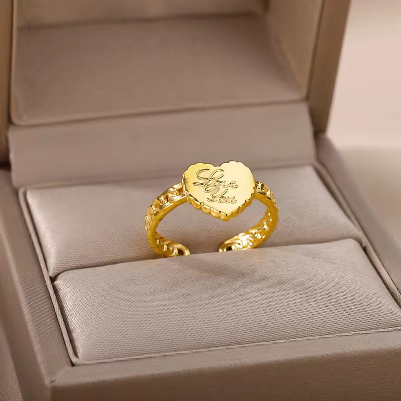 Gold Heart Ring with "Love You" Engraving - Adjustable
