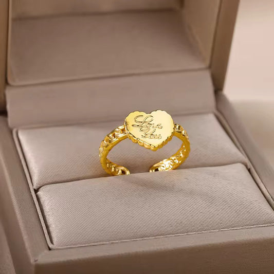 Gold Heart Ring with "Love You" Engraving - Adjustable