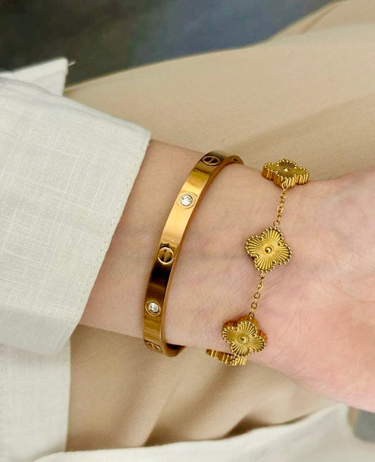 Cartier Love Bangle with Golden Clover Bracelet Stack Set